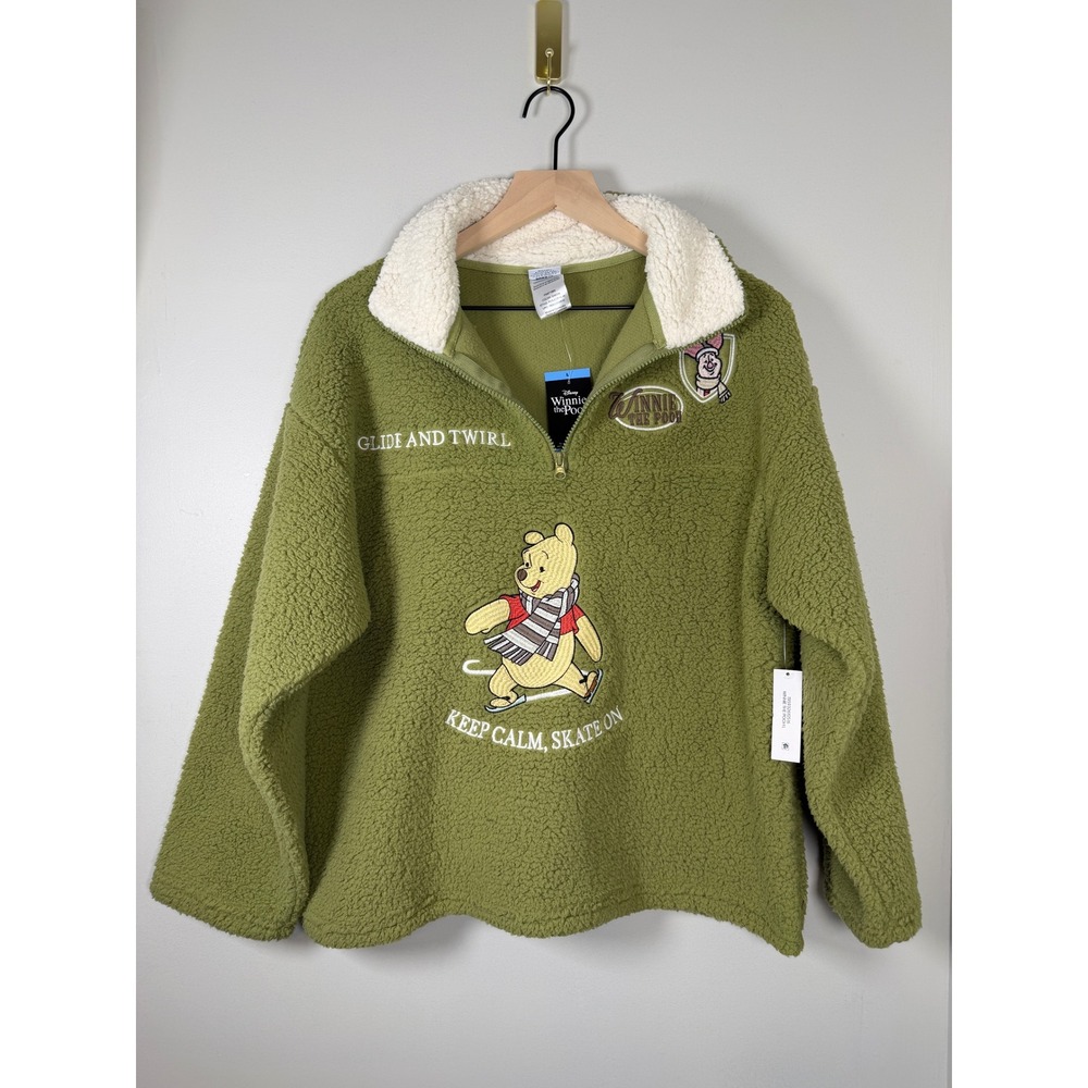 NWT Disney Winnie the Pooh Sherpa Fleece Pullover Women Large Green Oversized